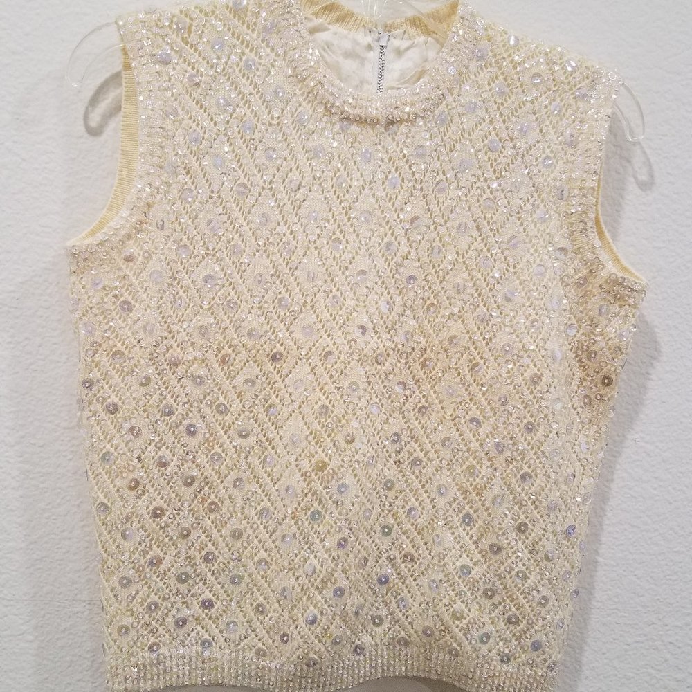 Vintage Retro 60s ivory sequin sleeveless top